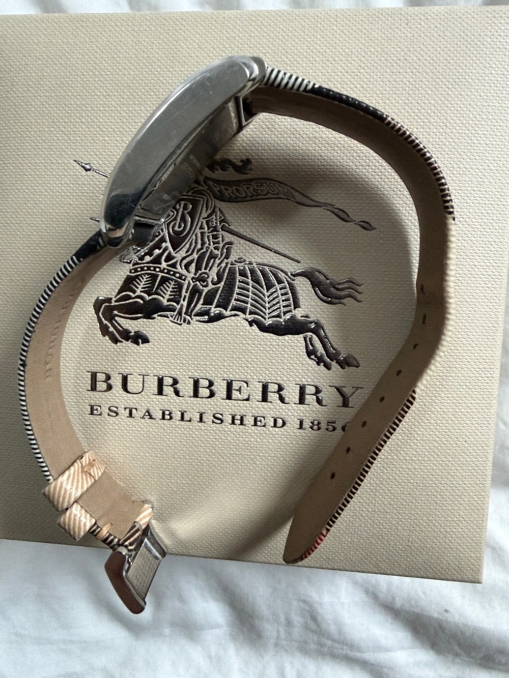 Burberry Silver-Tone Rectangular Watch with Black and Beige Check Strap - Picture 5 of 7